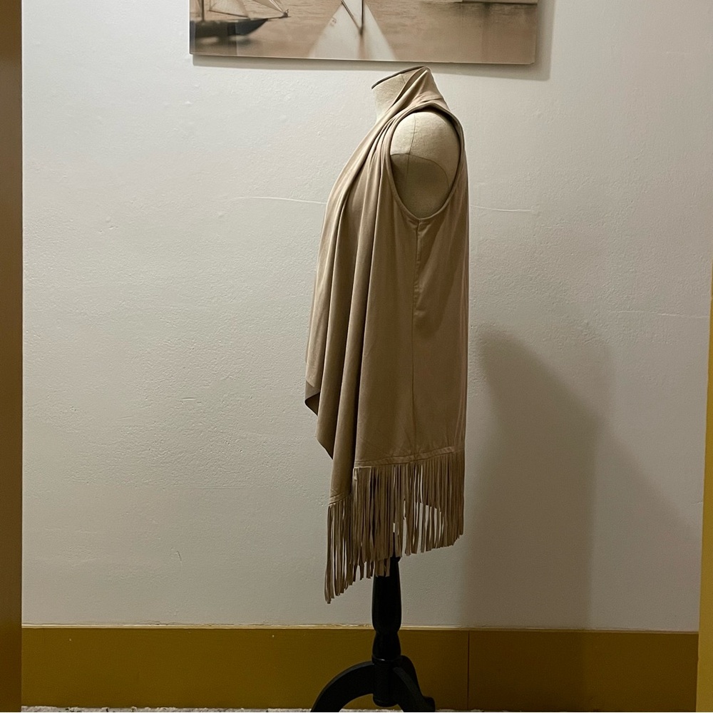 Tan Fringe Open Front Suede-Like Vest by Pink Rose Size Xtra Small - Picture 2 of 5